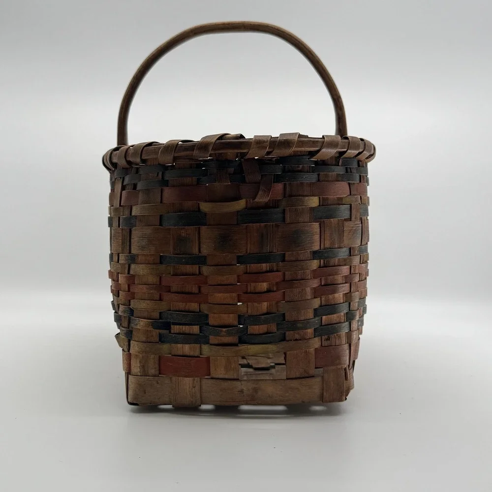 Vtg Hand Woven Splint Oak Gathering Basket Bentwood Handle Primitive Farmhouse